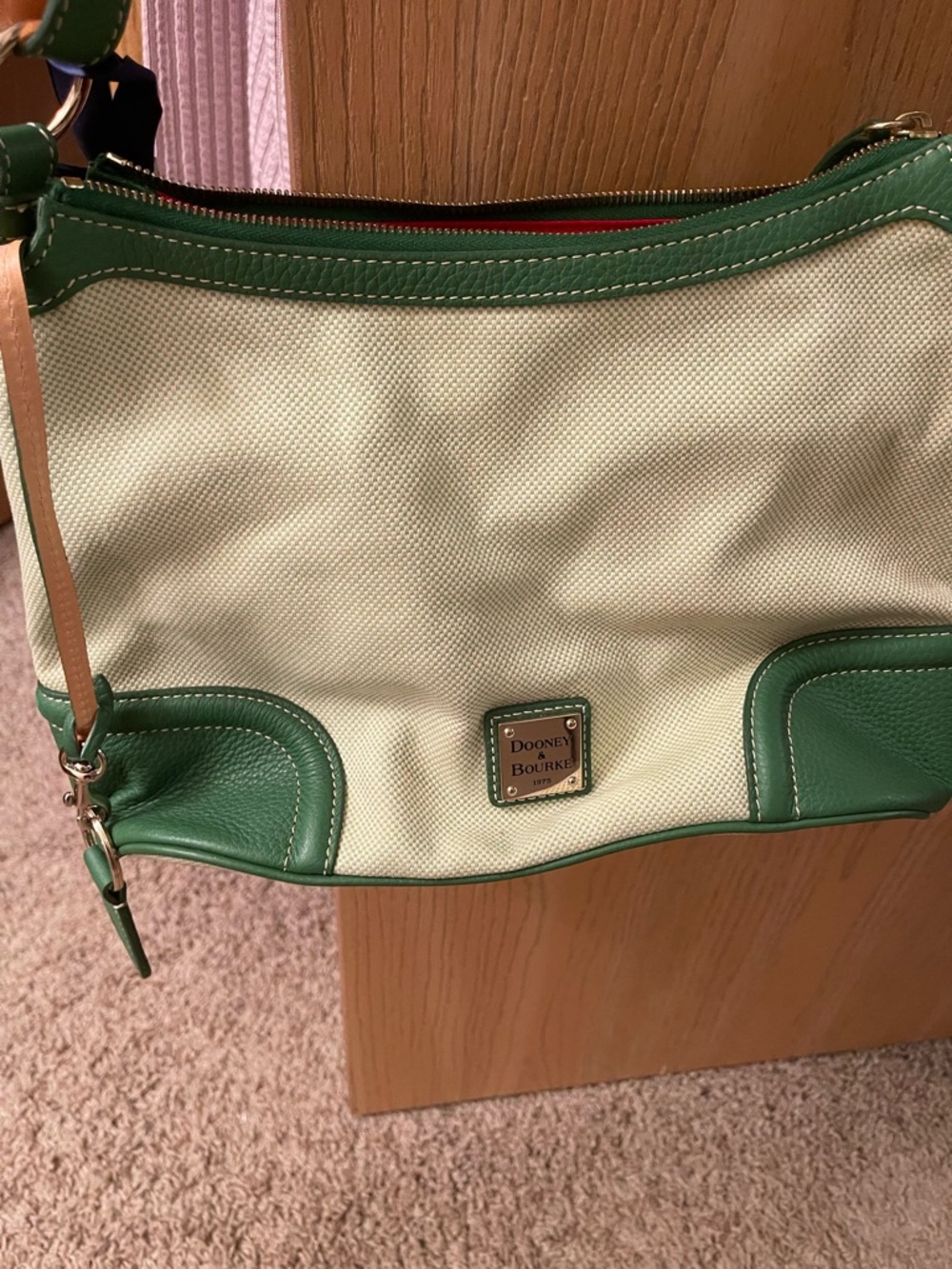 Dooney & Bourke Cream Canvas Shoulder Bag with Green Leather Trim